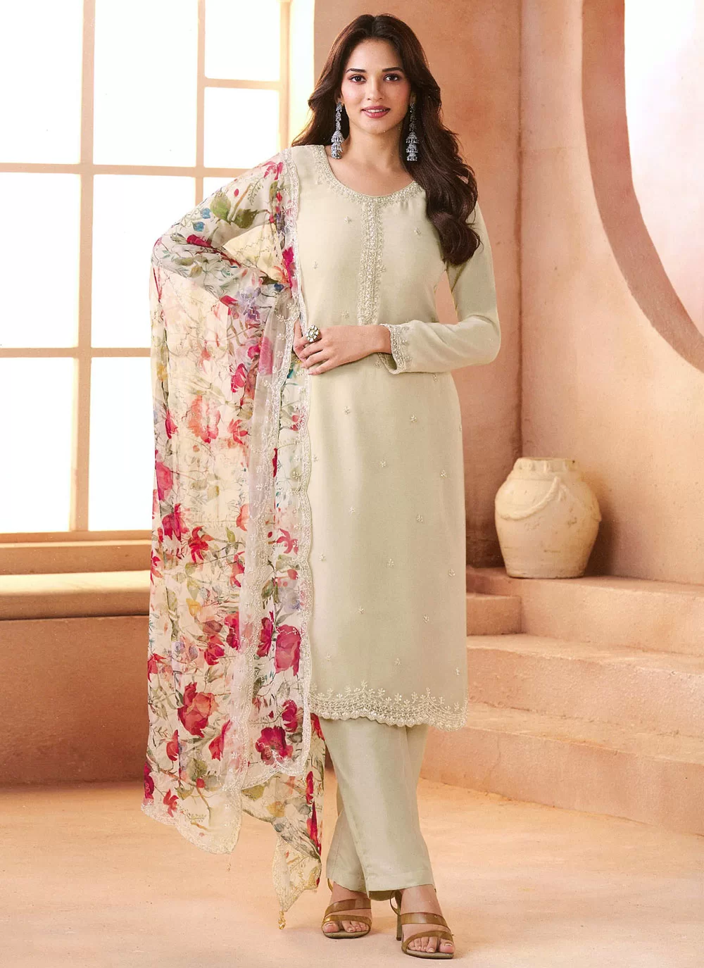 Cream Chiffon Salwar Suit With Embroidery
